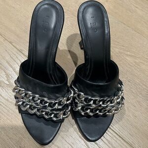 IRO Black Leather Silver Chain-Trim Heels Made in Spain Y2K